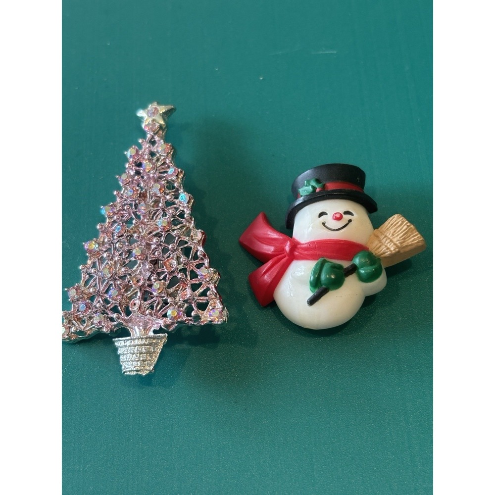Pink Rhinestone Iridescent Christmas Tree‎ Brooch Vintage And Cute Snowman Pin